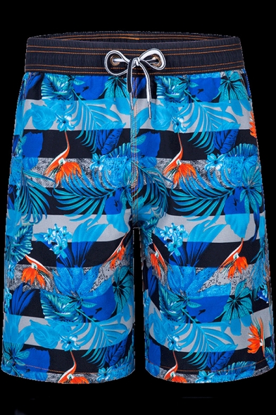Blue Tropical Plants Printed Guys Beach Quick Dry Swim Shorts with Liner