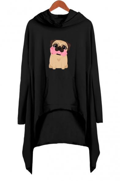 Cartoon Cute Pug Dog Printed Long Sleeve Hooded Shift Asymmetrical Dress