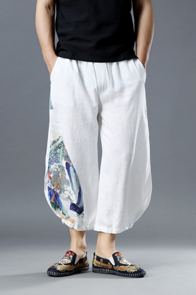Chinese Style Landscape Painting Elastic Waist White Flax Cropped Loose Leisure Lounge Pants