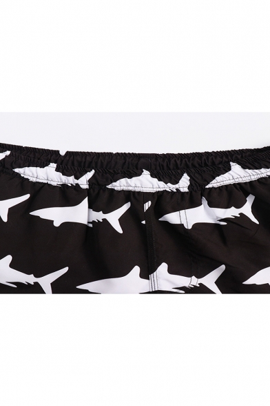 Cool Black and White Shark Fish Pattern Elastic Waist Guys Beach Swim Shorts with Liner
