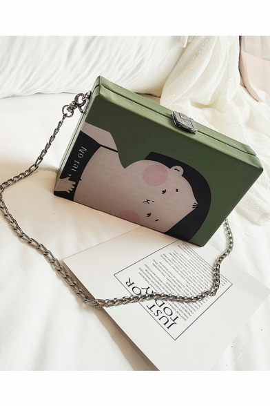 Cute Cartoon Character Printed Green Crossbody Bag with Chain Strap 19*5*12 CM