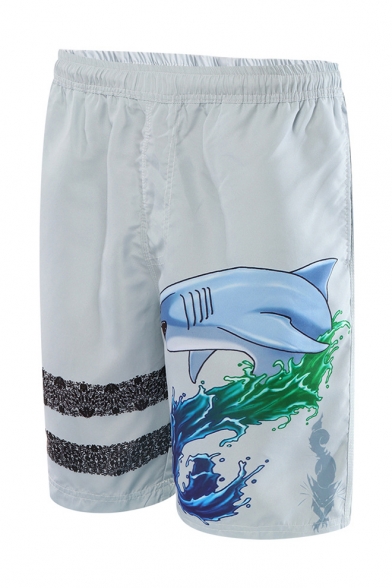 Cute Elastic Shark Swim Trunks for Men with Mesh Lining and Pockets