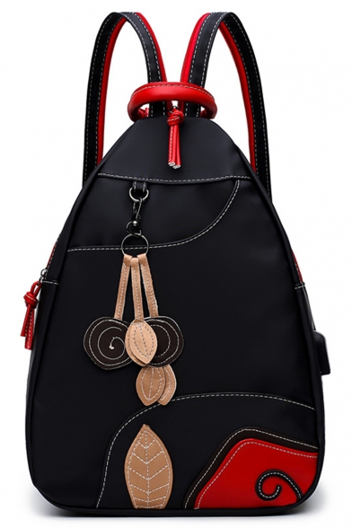 Designer USB Charger Floral Leaf Patched Multipurpose Black Shoulder Bag Cross Body Backpack 25*13*35 CM