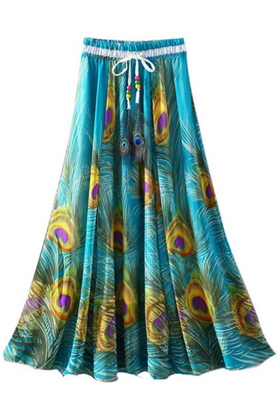 Fashion Blue Peacock Feather Tribal Printed Drawstring Waist Two-Way Maxi Flowy Skirt