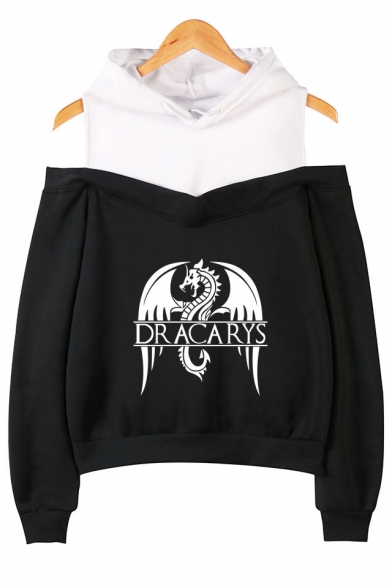 Fashion Cold Shoulder Dragon Dracarys Fake Two-Piece Casual Loose Hoodie
