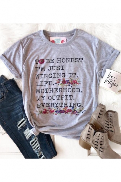 Floral Print TO BE HONEST Letter Gray Round Neck Short Sleeve Cotton Tee