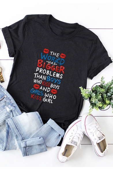 Funny Lip Letter THE WORLD HAS BIGGER PROBLEMS Basic Short Sleeve Casual Loose Tee