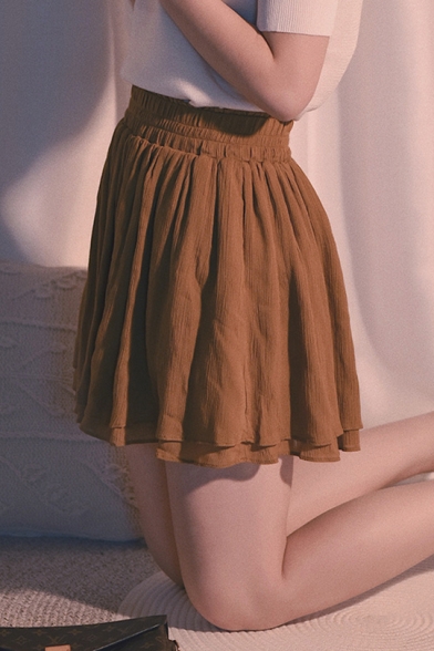 Girls Basic Solid Color Elastic Waist High Rise Khaki Mini Pleated Skirt