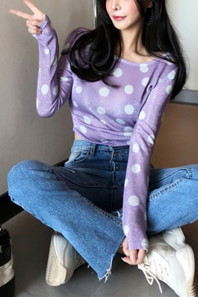 Girls New Stylish Purple Polka Dot Printed Round Neck Long Sleeve Cropped Slim Tee