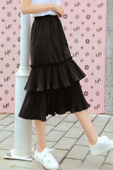 Girls Summer Trendy Solid Color Elastic Waist Tiered Ruffle Midi Skirt