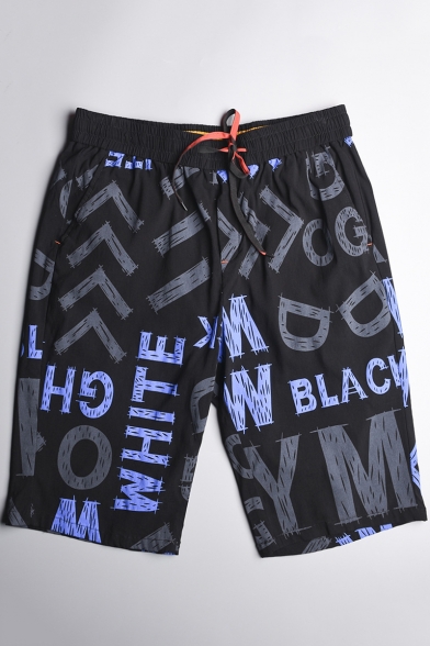 Guys Black Cool Letter Graffiti Printed Drawstring Waist Beach Swim Shorts