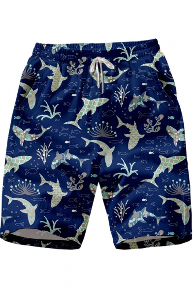 Hot Popular Allover Fish Printed Drawstring Waist Mens Blue Casual Swim Trunks
