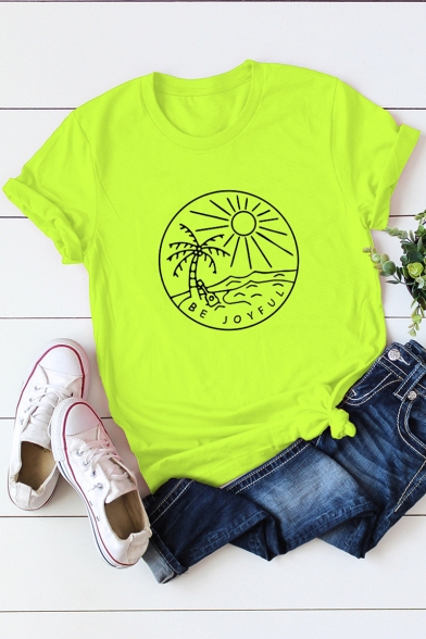 Letter BE JOYFUL Graphic Printed Short Sleeve Round Neck Cotton Tee