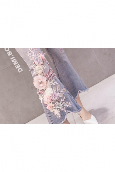 Light Blue Chic Floral Embroidery Beading Embellished Womens Fitted Flare Jeans