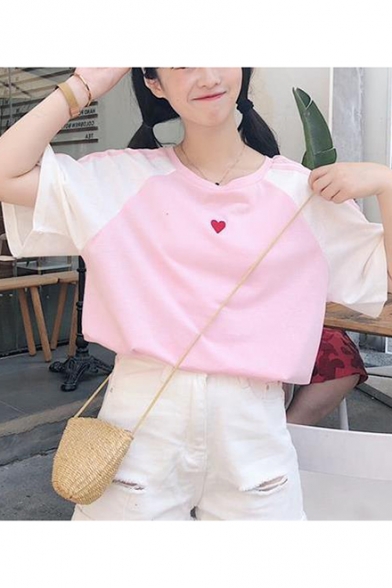 Lovely Heart Print Color Block Raglan Short Sleeve Round Neck T-Shirt For Girls