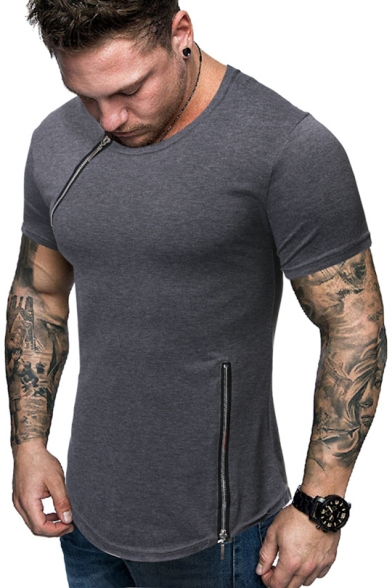 Men's New Trendy Zip-Embellished Round Neck Short Sleeve Fitted Plain T-Shirt