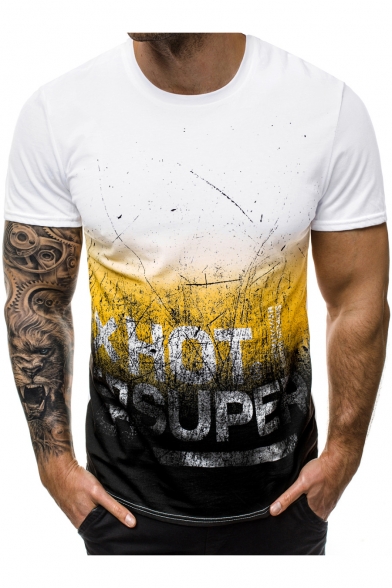 Men's Summer New Stylish Ombre Pattern Letter HOT Short Sleeve Round Neck Casual T-Shirt