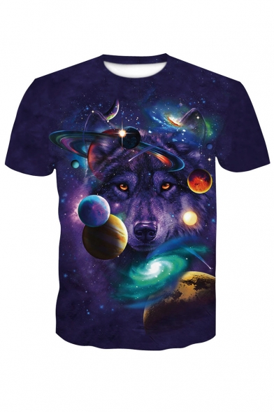 Men's Summer New Trendy 3D Galaxy Wolf Printed Basic Round Neck Short Sleeve Purple T-Shirt