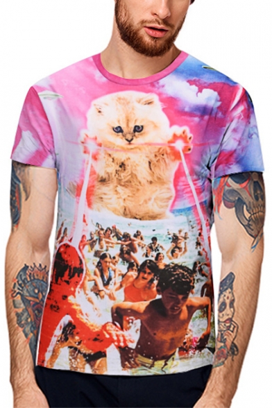 Men's Unique 3D Cat Figure Pattern Short Sleeve Round Neck Summer Pink T-Shirt