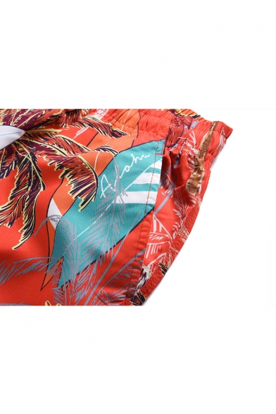 Mens Fashion Swim Trunks Plant Tropical Print Bathing Shorts with Drawcord