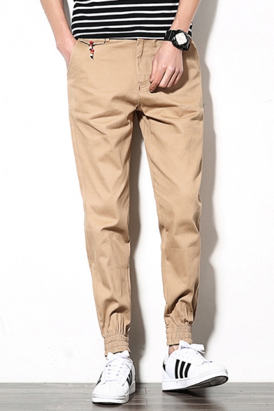 Mens Simple Plain Embellish Pocket Zip-fly Casual Cotton Elastic-Cuffed Tapered Trousers