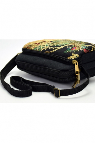 National Style Peacock Embroidery Pattern Sequin Canvas Crossbody Shoulder Bag 24*8*17 CM