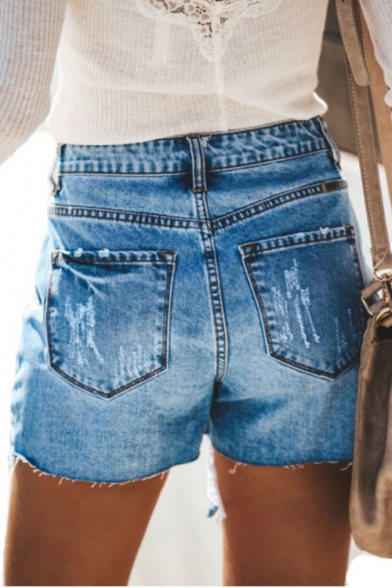 New Fashion Button Fly Womens Distressed Ripped Blue Denim Shorts