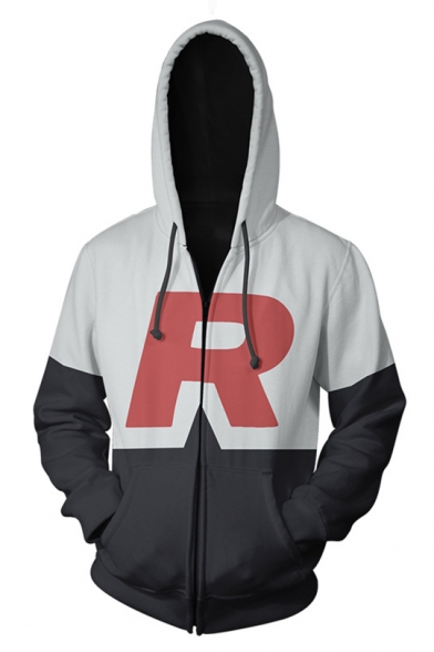 New Fashion Letter R Color Block Comic Cosplay Zip Front Drawstring Hoodie
