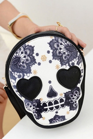 New Fashion Skull Floral Printed White Crossbody Cell Phone Purse 10*6*20 CM