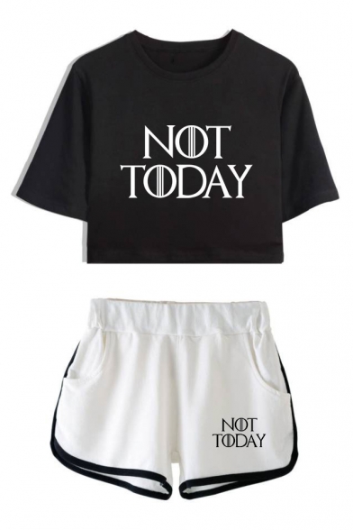 New Popular Letter NOT TODAY Cropped Short Sleeve Tee Sport Shorts Summer Two-Piece Set