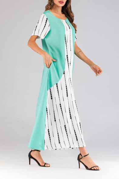 New Stylish Round Neck Light Green Contrast Maxi Short Sleeve Slim Fit Dress For Women
