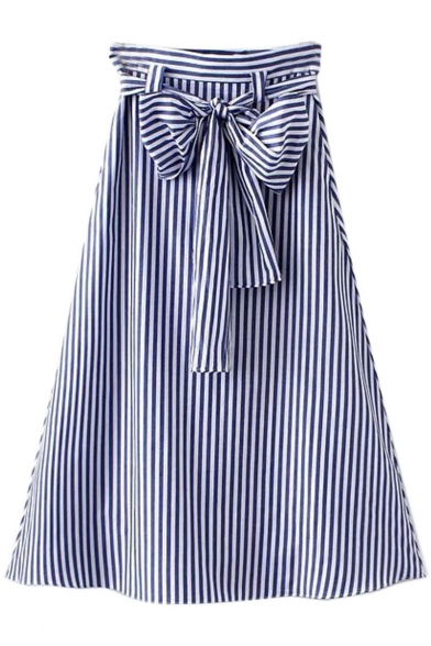 

New Stylish Vertical Stripe Printed Bow-Tied Waist Midi A-Line Skirt, Blue;dark navy;red;light blue, LM518844