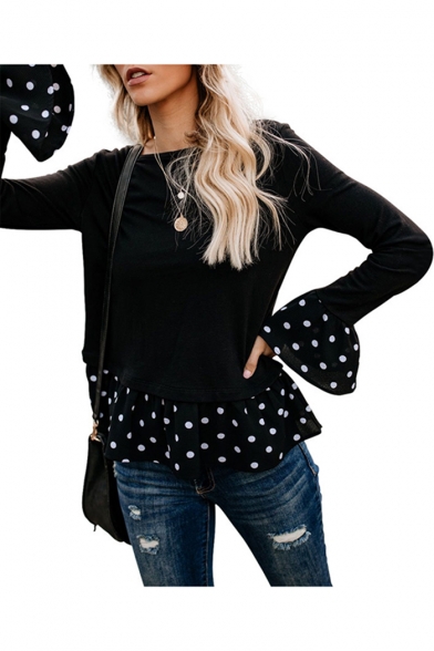 New Trendy Black Polka Dot Ruffled Patched Long Sleeve Fitted T-Shirt
