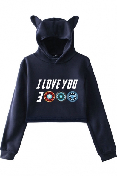 New Trendy Letter I Love You 3000 Long Sleeve Cute Cat Ear Design Cropped Hoodie for Girls