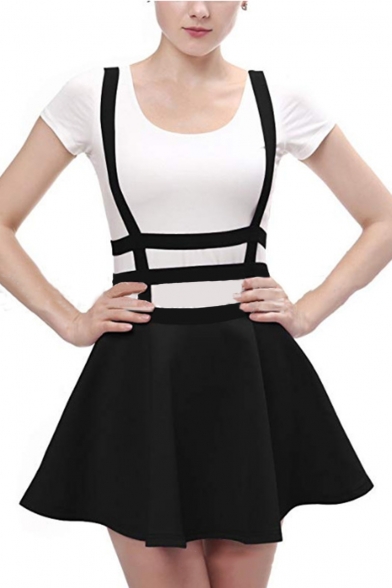 New Trendy Solid Color Hollow Out Strap Black Mini A-Line Braces Skirt