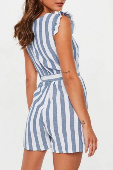 New Trendy Vertical Stripe Ruffled Hem V-Neck Button Front Tied Front Womens Casual Romper Playsuit