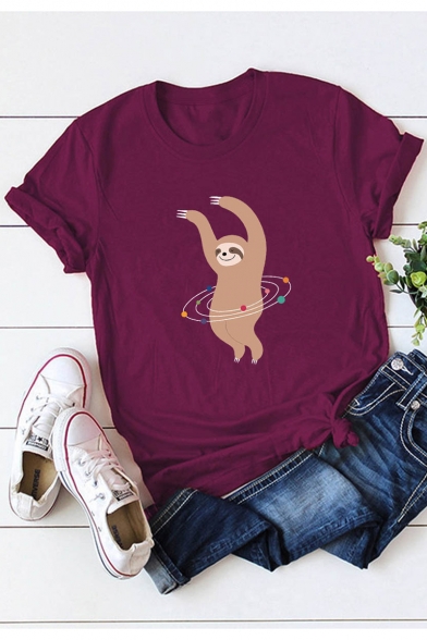 Popular Cute Cartoon Sloth Printed Basic Round Neck Short Sleeve Cotton Loose T-Shirt