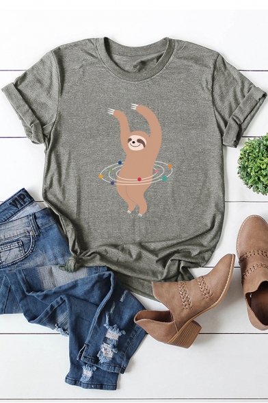 Popular Cute Cartoon Sloth Printed Basic Round Neck Short Sleeve Cotton Loose T-Shirt