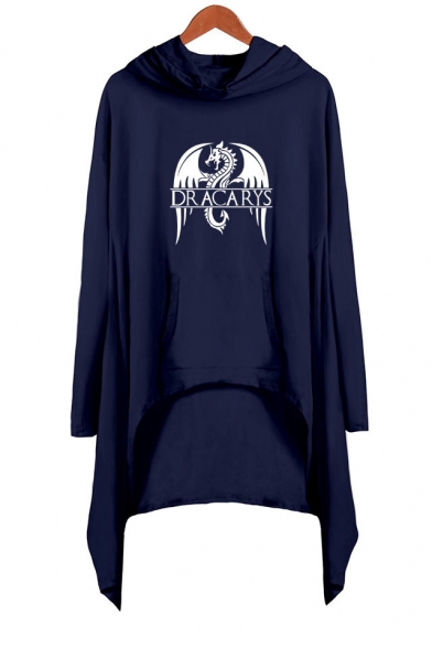Popular Dragon Dracarys Printed Long Sleeve Hooded Shift Asymmetrical Dress