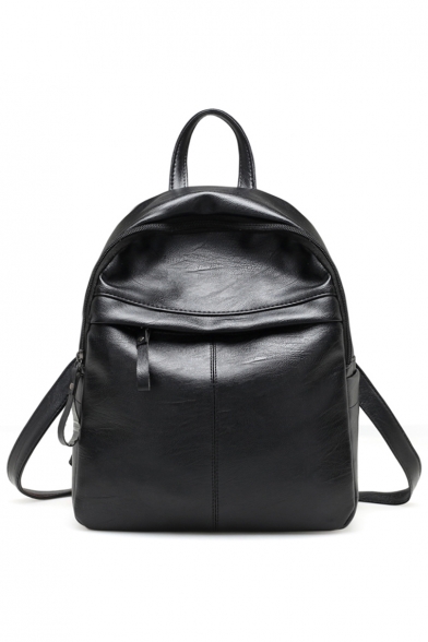 Popular Solid Color Soft Leather Black College Bookbag Casual Backpack 25*12*30 CM