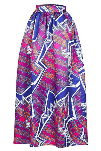 Retro Hippie Ethnic Style Tribal Printed Vintage Maxi Swing Skirt in Purple
