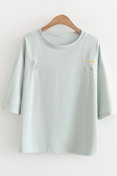 Simple Floral Embroidery Basic Casual Loose T-Shirt for Girls