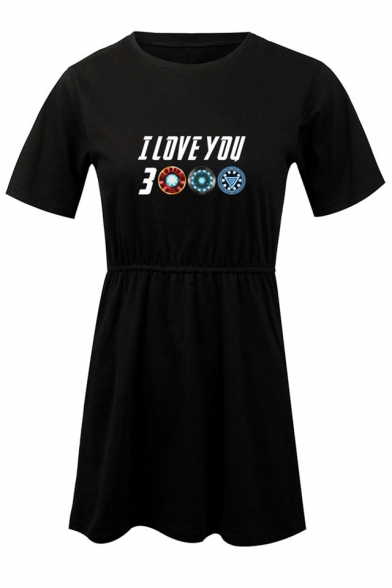 Summer Basic Round Neck Short Sleeve Fashion Letter I Love You 3000 Mini A-Line T-Shirt Dress
