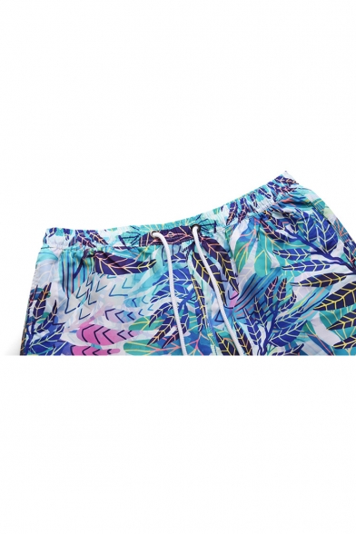 Summer Blue Tropical Leaf Printed Drawstring Waist Mens Loose Surfing Swim Shorts with Liner