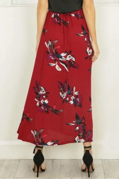 Summer Fancy Floral Bird Pattern Ruffle Hem Button Down Maxi Cotton Skirt