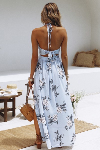 Summer Fashion Floral Pattern Halter Neck Twist Cutout Waist Sexy Split Side Holiday Beach Maxi Dress