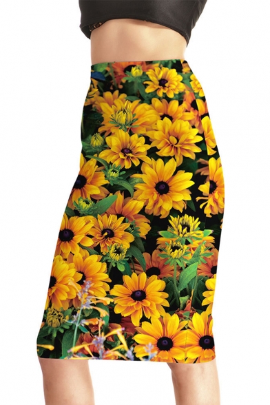 Summer Fashion Yellow Sunflower Floral Print Midi Pencil Skirt for Women