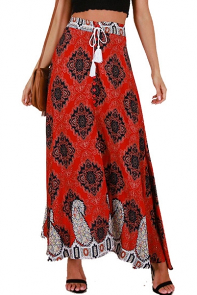 Summer Holiday Bohemian Style Tribal Printed Drawstring Waist Maxi Red Skirt