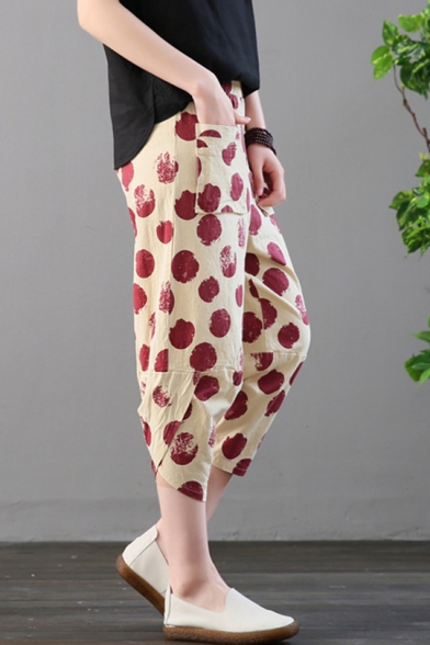 Summer New Fashion Classic Polka Dot Printed Elastic Waist Linen Harem Pants for Women