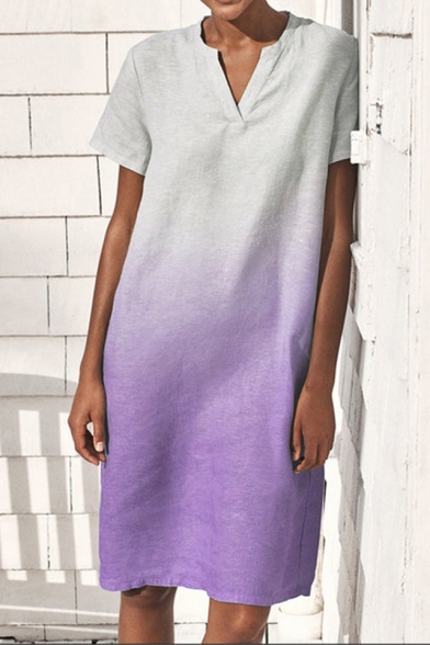 Summer New Unique Ombre Print V-Neck Short Sleeve Midi Shift Dress For Women